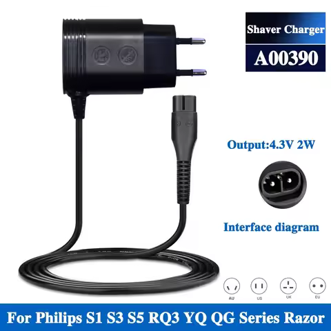 AU UK US EU Plug A00390 Charger Power Cord Adaptor For Philips Norelco OneBlade QP2520 QP2521 QP2523