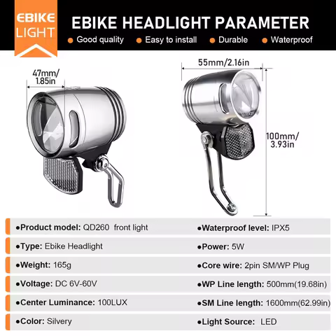 100LUX Electric Bicycle Headlight QD260 LED 6V-60V Bicycle Light Safe Bike Headlight Lamp For ebike 