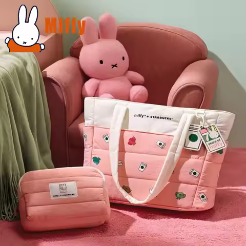 Kawaii Miffy Starbucks Theme Pink Tote Bag Cute Rabbit Large Capacity Shoulder Bag Handbag School Me