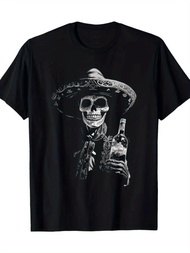 Day Of The Dead Skull And Tequila Pattern T-Shirt 100% Cotton Short Sleeve Black-Dxc00180