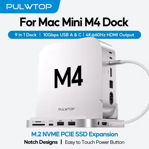 PULWTOP Mac Mini M4 Dock with 4TB M.2 SSD Enclosure & HD4K, USB-A/C 10Gbps, SD/TF for Mac Mini M6, M