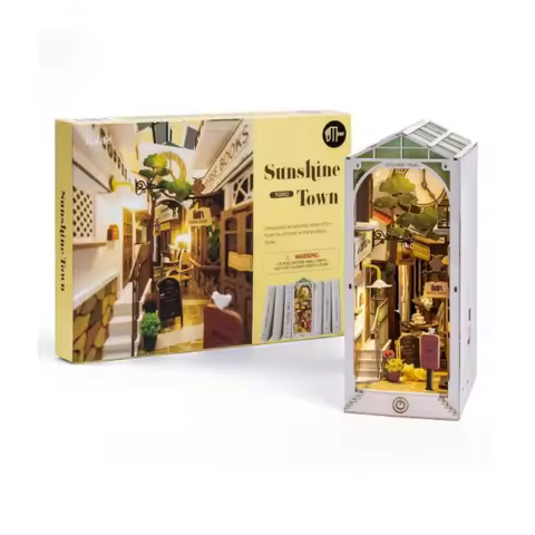 Robotime Rolife Wooden Puzzle Sunshine Town DIY Dollhouse Book Nook with LED Light for Bookshelf Ins