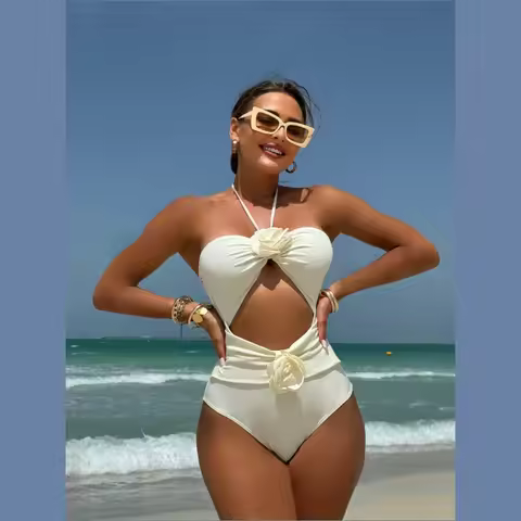 Halter Tie 3D Rose Bathing Suits Swimwear Beachwear / Women Drawstring Hollow Solid Rose Suspender O