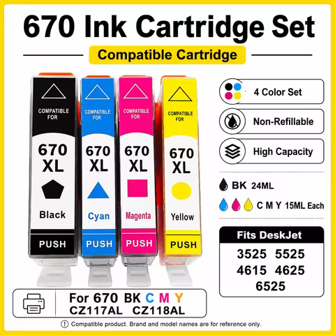 Compatible 670 Ink Cartridge for HP Deskjet 3525 4615 4625 5525 6525 BK 24ml CMY 15ml CZ117AL CZ118A