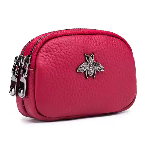 Women Cowhide Double Zipper Portable Wallets Bag Bee Card Hoder Lipstick Case Leather Mini Earphone 