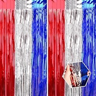 July 4th Party Decorations, Curtain Tinsel Streamers Birthday Decoration, Blue Silver Red Backdrops 