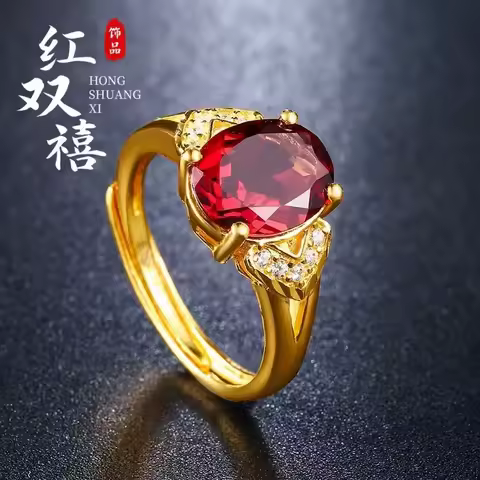 Ring 24K Gold Garnet AU999 Pure Gold Ring Natural Red Crystal Inlaid Adjustable Opening Ring Gold Je