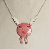 Pig Necklace, Enamel Pig Necklace, Pig With Wings, Flying Pig Necklace, Piggy,