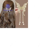 1set 2pcs Metal Claw Hair Clips Plastic Imitation Pearl Beads Butterfly Golden 73mm