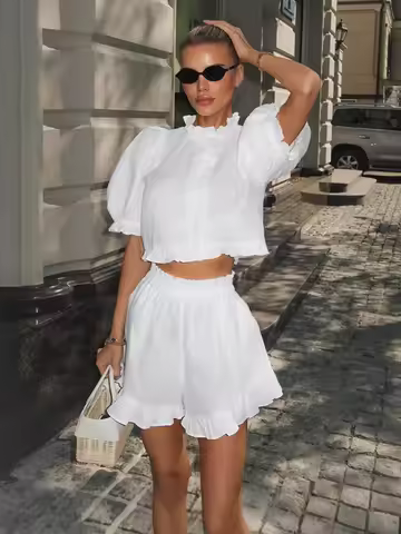 White Cotton 2 Piece Set Women Ruffle Puff Sleeve Crop Top High Waist Shorts Outfits Cottagecore Ele