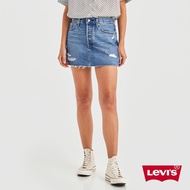 Levis 女款 高腰排釦牛仔迷你裙 / 精工刷破磨損工藝 / 不收邊裙擺 人氣新品