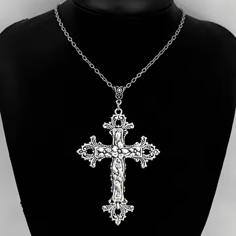 Gothic cross, Gothic black style hollow cross pendant necklace, punk cool necklace, large cross silv