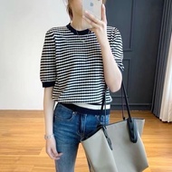 Malon.layered Needle Striped Sweater-Knitted Knitted Top Thin Sweater Short-Sleeved Chanel Style