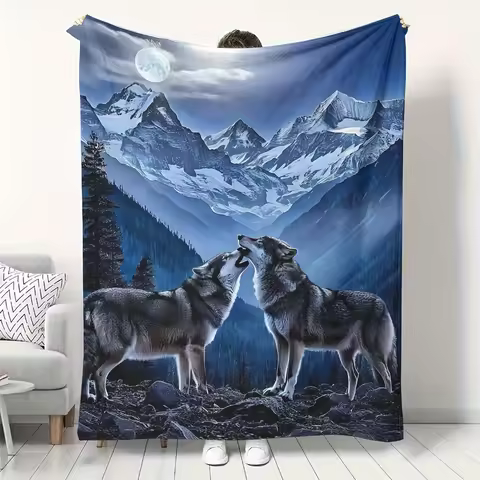 [Cozy Wolf Print Fleece Blanket] Soft Plush Flannel Fleece Blanket with Howling Wolves & Mountain Ni