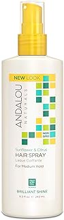 Andalou Naturals Brilliant Shine Hair Spray, Sunflower &amp; Citrus, Styling and Hair Shine Spray with Medium hold, Tames Frizzy Hair &amp; Flyaways, Quick Drying &amp; Non-Sticky, Cruelty Free, 8.2 Fl Oz