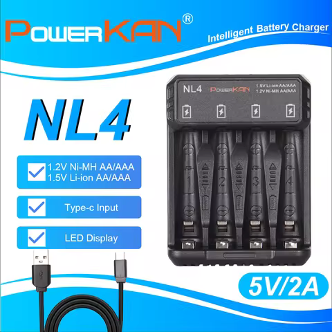 POWERKAN NL4 4-Slot Smart Battery Charger for 1.2V Ni-MH Ni-Cd AA AAA 1.5V Li-ion AA AAA Rechargeabl