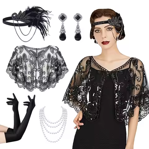 5pcs 1920s Sequin Bead Shawl Accessories Headbands Clothing Women's 1920s Shawl Earrings Necklaces G
