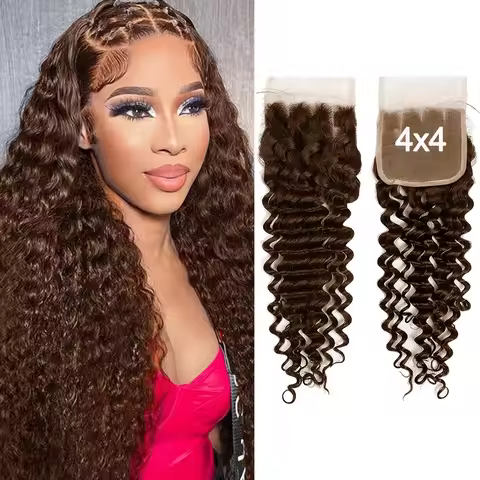 4# Chocolate Brown Deep Wave 4x4 Lace Closure Transparent Swiss Lace Brazilian Human Hair Extensions