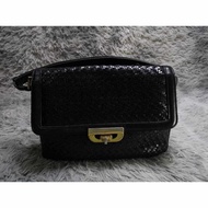 Woven Leather Turn Lock Baguette Bag