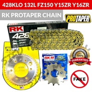PROTAPER 428 SPROCKET SET GOLD WITH RK CHAIN GOLD ORING FZ150 Y15ZR Y16ZR Y15 Y16 15ZR O RING RANTAI GOLD 428KLO 132L