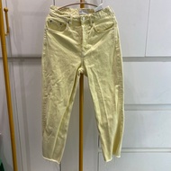 BN493 | THRIFTED Z4R4 LIGHT YELLOW HIGH WAIST STRAIGHT CUT WITH TATTERED ENDS DENIM PANTS