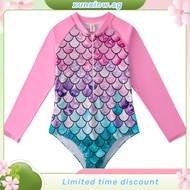 4-12Yrs Girls Mermaid Swimsuit Kids Swimwear Long Sleeve Scales One Piece Swimming Suit