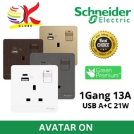 Schneider Electric AvatarOn 1 Gang 13A Switched Socket with USB A+C 21W PD Fast Charging BS1363 SIRI