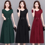 Plus size women s dress 2026 summer short sleeve midi dress below the knee with belt figure flatteri