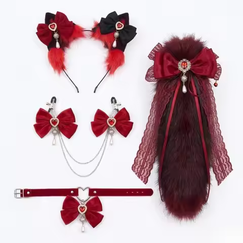 4-Piece Cute Pet Play Set Fox Tail Anal Plug Nipple Clamps with Ears Headband Choker Bow BDSM Cospla