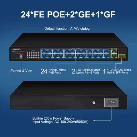 AI Smart 24 Ports POE Switch,2 Ports Gigabit Poe,RJ45 Fast VLAN Network Smart Switch,Uplink SFP Fibe