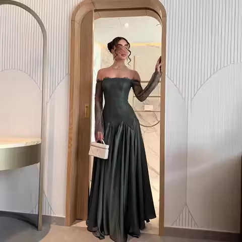 New French-style strapless evening dress for women, long-sleeved, lace and satin combination, slim-f