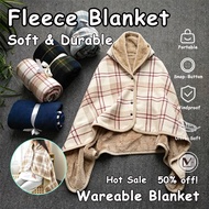 Wearable Plaid Fleece Blanket With Button Warm Throw Blanket Office Shawl Wearable Nap Air Condition