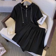 25-18706 Women's Suit. Women's Loose Zipper Hooded Top Shorts Casual Set