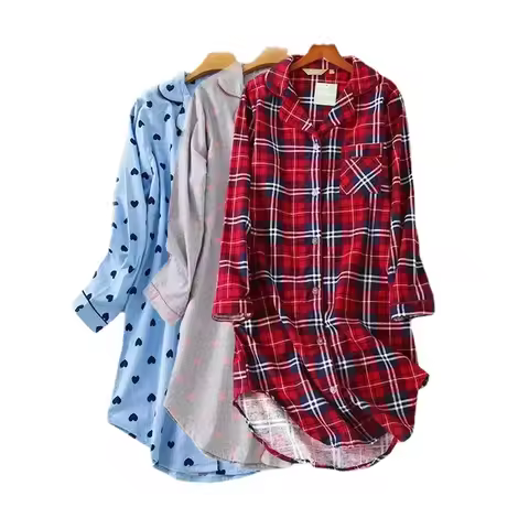 Flannel Cotton Home Nightdress Cardigan Shirt Night Dress Cute Cartoon Plaid Design Sleepwear Fashio
