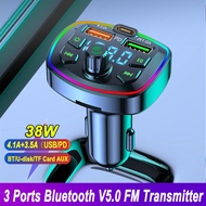 Bluetooth 5.0 Car Charger Fm Transmitter Support Hands-Free Mp3 / Dual Usb Qc 3.0+Pd Type C Fast Charger