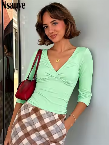 Nsauye Women Casual Y2K Summer Tees Three-Quarter Sleeve Mini Skinny Basic Fashion Club Streetwear