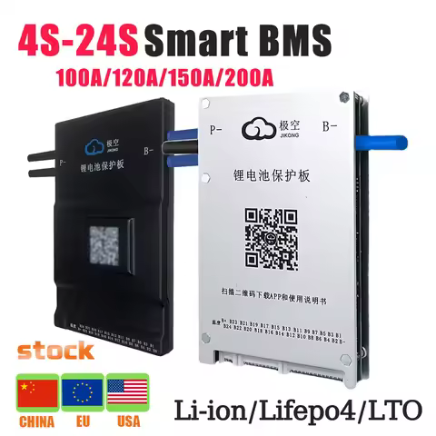 EU Stock JK BMS LiFePO4 Battery 4S 8S 12S 20S 24S BMS 100A-200A Lithium iron phosphate 18650 lithium