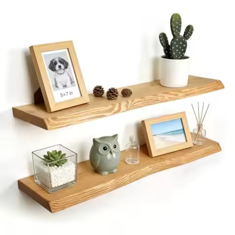 Rustic Farmhouse Live Edge Floating Shelves for Wall Decor with Solid Spruce Wood 35''×1.2''×8''D Na