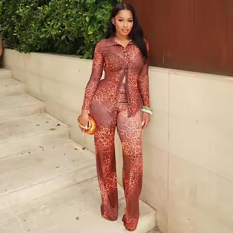 Women‘s 2 Piece Sets Cheetah Print Long Sleeve Button-Up Jacket Wide Leg Pants Set Leopard Club Outf