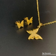 Frosted Glitter Butterfly Jewelry Set Gold Plated Stainless Terno Kwintas at Hikaw
