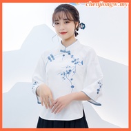 【Plus Size】100kg Plus Size Womens Chinese Style Literary Retro Chinese Style Improved Button Embroidered Cheongsam Shirt
