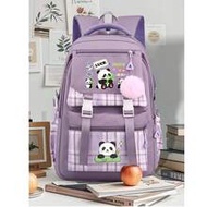 Panda Cartoon Print Backpack, Lightweight Nylon Material, Spacious College Style Design, Polyester L
