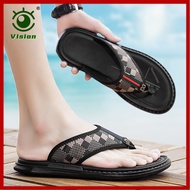 VISION Flip-flop Lelaki 2024 Sandal Luar Musim Panas Baru Sandal Anti-selip Dan Deodoran Sandal Sandal Kulit Berkualiti Tinggi Sandal Lelaki Kulit Mewah Kasual Kasual Bawah Lembut Fesyen Luar Pantai Kasut Lelaki Kasual