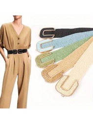草編腰帶，配有鎖色U型扣和彈性腰帶，適合女性夏季配飾GM178波西米亞風格