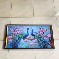 Wall decoration plus picture frame print 2 beautiful peacocks Size 100x50cm