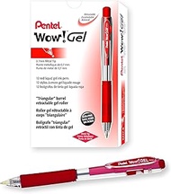 Pentel Wow! Retractable Gel Roller Pens, Medium Point, 0.7 mm, Clear Barrel, Red Ink, Pack of 12