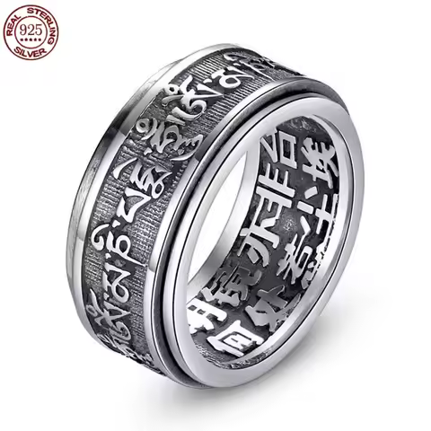 Real 925 Sterling Silver Vintage Rings Rotatable Tibetan Six Words Mantra Rings Om Mani Padme Hum Bu