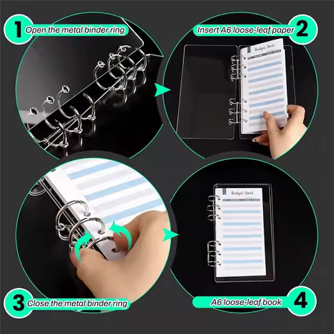 A13E-A6 Planner Binder 6-Ring Clear Acrylic Binder Notebook Cover Budget Binder Loose Leaf Folders O