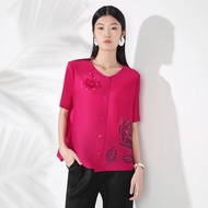 Womens Pleated Short-sleeved Jacket Autumn New Round Neck Rose Cardigan Top