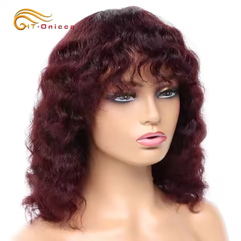 Short Deep Wave Human Hair Wigs For Women Machine Made Brazilian Remy Hair Wigs With Bangs 1B/30/99J
